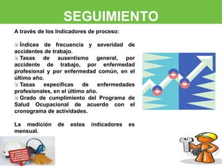 SEGUIMIENTO 
A través de los Indicadores de proceso: 
Índices de frecuencia y severidad de 
accidentes de trabajo. 
Tasas de ausentismo general, por 
accidente de trabajo, por enfermedad 
profesional y por enfermedad común, en el 
último año. 
Tasas específicas de enfermedades 
profesionales, en el último año. 
Grado de cumplimiento del Programa de 
Salud Ocupacional de acuerdo con el 
cronograma de actividades. 
La medición de estos indicadores es 
mensual. 
 