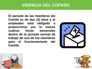 VIGENCIA DEL COPASO 
El periodo de los miembros del 
Comité es de dos (2) años y el 
empleador está obligado a 
proporcionar por lo menos 
cuatros horas semanales 
dentro de la jornada normal de 
trabajo de uno de los miembros 
para el funcionamiento del 
Comité. 
 