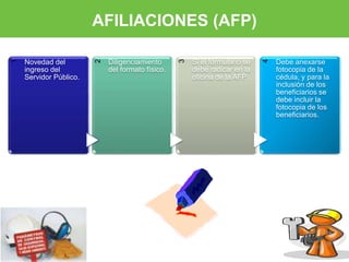AFILIACIONES (AFP) 
1 
Novedad del 
ingreso del 
Servidor Público. 
2 
Diligenciamiento 
del formato físico. 
3 
Si el formulario se 
debe radicar en la 
oficina de la AFP. 
4 
Debe anexarse 
fotocopia de la 
cédula, y para la 
inclusión de los 
beneficiarios se 
debe incluir la 
fotocopia de los 
beneficiarios. 
 