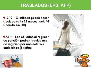 TRASLADOS (EPS, AFP) 
EPS – El afiliado puede hacer 
traslado cada 24 meses. (art. 16 
Decreto 047/00) 
AFP – Los afiliados al régimen 
de pensión podrán trasladarse 
de régimen por una sola vez 
cada cinco (5) años. 
 
