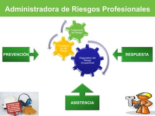 Administradora de Riesgos Profesionales 
Diagnostico del 
Riesgo 
Ocupacional 
Transferen 
cia del 
Riesgo 
Tratamiento 
del Riesgo 
PREVENCIÓN 
ASISTENCIA 
RESPUESTA 
 