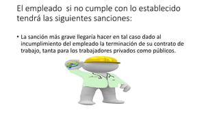 El empleado si no cumple con lo establecido
tendrá las siguientes sanciones:
• La sanción más grave llegaría hacer en tal caso dado al
incumplimiento del empleado la terminación de su contrato de
trabajo, tanta para los trabajadores privados como públicos.
 