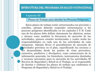 Capitulo III
Planes de Trabajo para abordar los Procesos Peligrosos.
Estos planes de trabajo serán estructurados con precisión y
sencillez, además deberán responder estrictamente a los
procesos peligrosos identificados en los capítulos I Y II. Cada
uno de los planes debe definir claramente los objetivos, metas
y alcance como también la frecuencia de ejecución de las
actividades, quienes estarán involucrados y cuales serán las
responsabilidades en cada una de las actividades de cada
integrante. Además llevar el procedimiento de ejecución de
actividades previstas en el plan, especificando las acciones a
ser desarrolladas desde los puntos de vista preventivo,
correctivo, predictivo y divulgativo, como consecuencia de la
información generada, los formulario, instrumentos diseñados
y recursos necesarios para la ejecución de las actividades El
Servicio de Seguridad y Salud en el Trabajo, es el responsable
de diseñar y elaborar los planes de trabajo que conforman el
Programa de Seguridad y Salud en el Trabajo.
 