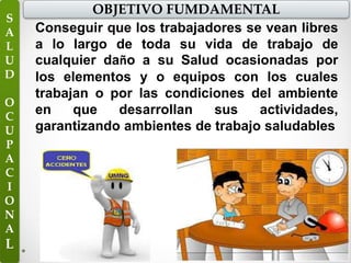 Conseguir que los trabajadores se vean libres
a lo largo de toda su vida de trabajo de
cualquier daño a su Salud ocasionadas por
los elementos y o equipos con los cuales
trabajan o por las condiciones del ambiente
en que desarrollan sus actividades,
garantizando ambientes de trabajo saludables
OBJETIVO FUMDAMENTAL
S
A
L
U
D
O
C
U
P
A
C
I
O
N
A
L
 