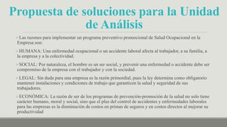 Propuesta de soluciones para la Unidad
de Análisis
Las razones para implementar un programa preventivo promocional de Salud Ocupacional en la
Empresa son:
HUMANA: Una enfermedad ocupacional o un accidente laboral afecta al trabajador, a su familia, a
la empresa y a la colectividad.
SOCIAL: Por naturaleza, el hombre es un ser social, y prevenir una enfermedad o accidente debe ser
compromiso de la empresa con el trabajador y con la sociedad.
LEGAL: Sin duda para una empresa es la razón primordial, pues la ley determina como obligatorio
mantener instalaciones y condiciones de trabajo que garanticen la salud y seguridad de sus
trabajadores.
ECONÓMICA: La razón de ser de los programas de prevención-promoción de la salud no solo tiene
carácter humano, moral y social, sino que el plus del control de accidentes y enfermedades laborales
para las empresas es la disminución de costos en primas de seguros y en costos directos al mejorar su
productividad
 