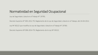 Normatividad en Seguridad Ocupacional
Ley de Seguridad y Salud en el Trabajo N° 29783.
Decreto Supremo N° 005-2012-TR, Reglamento de la Ley de Seguridad y Salud en el Trabajo, del 24-04-2012.
Ley Nº 30222 que modifica la Ley de Seguridad y Salud en el Trabajo N° 29783.
Decreto Supremo Nº 006-2014-TR, Reglamento de la Ley Nº 30222.
 