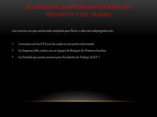 RECURSOS DEL SUBPROGRAMA DE MEDICINA
PREVENTIVA Y DEL TRABAJO
Los recursos con que cuenta toda compañía para llevar a cabo este subprograma son:
• Convenios con las E.P.S con las cuales se encuentra relacionada
• •La Empresa debe contar con un Equipo de Botiquín de Primeros Auxilios
• •La Entidad que presta asesoría para Accidentes de Trabajo (A.R.P. )
 