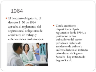 1964
 El descanso obligatorio. El
  decreto 3170 de 1964
  aprueba el reglamento del       Con la anteriores
                                   disposiciones el país
  seguro social obligatorio de
                                   reglamento desde 1964,la
  accidentes de trabajo y          protección de los
  enfermedades profesionales.      trabajadores del sector
                                   privado en materia de
                                   accidentes de trabajo y
                                   enfermedad con el instituto
                                   colombiano de Seguros
                                   Sociales –hoy instituto de
                                   Seguro Social.
 