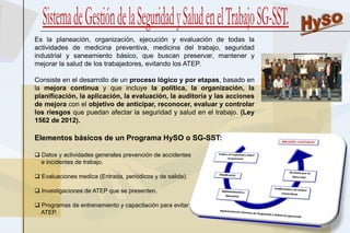 Es la planeación, organización, ejecución y evaluación de todas la
actividades de medicina preventiva, medicina del trabajo, seguridad
industrial y saneamiento básico, que buscan preservar, mantener y
mejorar la salud de los trabajadores, evitando los ATEP.
Consiste en el desarrollo de un proceso lógico y por etapas, basado en
la mejora continua y que incluye la política, la organización, la
planificación, la aplicación, la evaluación, la auditoría y las acciones
de mejora con el objetivo de anticipar, reconocer, evaluar y controlar
los riesgos que puedan afectar la seguridad y salud en el trabajo. (Ley
1562 de 2012).
Elementos básicos de un Programa HySO o SG-SST:
 Datos y actividades generales prevención de accidentes
e incidentes de trabajo.
 Evaluaciones medica (Entrada, periódicos y de salida).
 Investigaciones de ATEP que se presenten.
 Programas de entrenamiento y capacitación para evitar
ATEP.
 