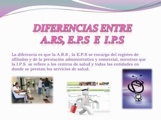La diferencia es que la A.R.S , la E.P.S se encarga del registro de
afiliados y de la prestación administrativa y comercial, mientras que
la I.P.S se refiere a los centros de salud y todas las entidades en
donde se prestan los servicios de salud.
 