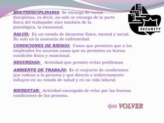 MULTIDISCIPLINARIA: Se encarga de varias
disciplinas, es decir, no solo se encarga de la parte
física del trabajador sino también de la
psicológica, la emocional.
SALUD: Es un estado de bienestar físico, mental y social.
No solo en la ausencia de enfermedad.
CONDICIONES DE RIESGO: Cosas que permiten que a los
empleados les ocurran casos que no permiten su buena
condición física y emocional.
SEGURIDAD: Actividad que permite evitar problemas.
AMBIENTE DE TRABAJO: Es el conjunto de condiciones
que rodean a la persona y que directa o indirectamente
influyen en su estado de salud y en su vida laboral.

BIENESTAR: Actividad encargada de velar por las buenas
condiciones de las persona.
 