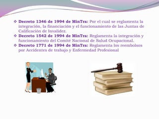  Decreto 1346 de 1994 de MinTra: Por el cual se reglamenta la
  integración, la financiación y el funcionamiento de las Juntas de
  Calificación de Invalidez.
 Decreto 1542 de 1994 de MinTra: Reglamenta la integración y
  funcionamiento del Comité Nacional de Salud Ocupacional.
 Decreto 1771 de 1994 de MinTra: Reglamenta los reembolsos
  por Accidentes de trabajo y Enfermedad Profesional
 