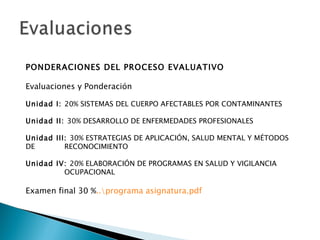 PONDERACIONES DEL PROCESO EVALUATIVO Evaluaciones y Ponderación Unidad I:  20%  SISTEMAS DEL CUERPO AFECTABLES POR CONTAMINANTES Unidad II:  30% DESARROLLO DE ENFERMEDADES PROFESIONALES Unidad III:  30%  ESTRATEGIAS DE APLICACIÓN, SALUD MENTAL Y MÉTODOS DE   RECONOCIMIENTO Unidad IV:  20%  ELABORACIÓN DE PROGRAMAS EN SALUD Y VIGILANCIA      OCUPACIONAL Examen final 30 % ..\programa asignatura.pdf 
