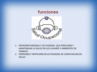 funciones
1. PROPONER MEDIDAS Y ACTIVIDADES QUE PROCUREN Y
MANTENGAN LA SALUD EN LOS LUGARES Y AMBIENTES DE
TRABAJO
2. PROPONER Y PARTICIPAR EN ACTIVIDADES DE CAPACITACION EN
SALUD.
 