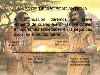 LINEA DE TIEMPO EDAD ANTIGUA

  A continuación daremos un breve
   recuento de cuales fueron las principales
   e importantes sociedades en la seguridad
   social en el mundo fueron :
Egipto año                   Grecia año
4000 a.C.                    1000 a.C




             Mesopotámica                 Roma ( no aporto
             año 2000 a.C.                ningún aspecto en
                                          salud ocupacional.
 