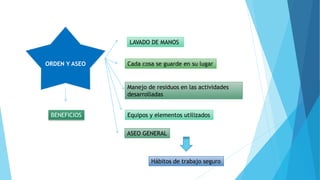 ORDEN Y ASEO
BENEFICIOS
Cada cosa se guarde en su lugar
Manejo de residuos en las actividades
desarrolladas
Hábitos de trabajo seguro
Equipos y elementos utilizados
LAVADO DE MANOS
ASEO GENERAL
 
