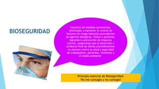 BIOSEGURIDAD
Conjunto de medidas preventivas,
destinadas a mantener el control de
factores de riesgo laborales procedentes
de agentes biológicos, físicos o químicos,
logrando la prevención de impactos
nocivos, asegurando que el desarrollo o
producto final de dichos procedimientos
no atenten contra la salud y seguridad
de trabajadores, pacientes, visitantes y
el medio ambiente.
Principio esencial de Bioseguridad:
"No me contagio y no contagio"
 