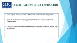 CLASIFICACIÓN DE LA EXPOSICIÓN
 Clase I: piel, mucosas, fluidos posiblemente contaminados. Riesgo alto
 Clase II: membranas mucosas y piel no intacta a líquidos no visiblemente
contaminados
 Clase III: Exposición de piel intacta a sangre o líquidos corporales, riesgo bajo
de infección.
 