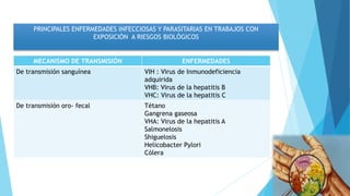 MECANISMO DE TRANSMISIÓN ENFERMEDADES
De transmisión sanguínea VIH : Virus de Inmunodeficiencia
adquirida
VHB: Virus de la hepatitis B
VHC: Virus de la hepatitis C
De transmisión oro- fecal Tétano
Gangrena gaseosa
VHA: Virus de la hepatitis A
Salmonelosis
Shiguelosis
Helicobacter Pylori
Cólera
PRINCIPALES ENFERMEDADES INFECCIOSAS Y PARASITARIAS EN TRABAJOS CON
EXPOSICIÓN A RIESGOS BIOLÓGICOS
 
