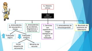 6. Historia
clínica
¿Qué
contiene?
a. Antecedentes
de vacunación y
títulos
Trabajador
seguro
Trabajador
inseguro
Iniciar
esquema de
vacunación
Refuerzo de
vacunas
2. Antecedentes
de accidentes,
diagnósticos o
tratamientos
3. Servicios
con
exposición a
riesgos
biológicos en
que ha
trabajado
5. Antecedentes de
inmunosupresión
6. Resultado de
exámenes de
laboratorio
 