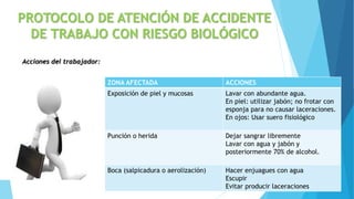 Acciones del trabajador:
ZONA AFECTADA ACCIONES
Exposición de piel y mucosas Lavar con abundante agua.
En piel: utilizar jabón; no frotar con
esponja para no causar laceraciones.
En ojos: Usar suero fisiológico
Punción o herida Dejar sangrar libremente
Lavar con agua y jabón y
posteriormente 70% de alcohol.
Boca (salpicadura o aerolización) Hacer enjuagues con agua
Escupir
Evitar producir laceraciones
PROTOCOLO DE ATENCIÓN DE ACCIDENTE
DE TRABAJO CON RIESGO BIOLÓGICO
 