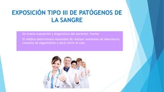1. Se evalúa exposición y diagnóstico del paciente- fuente
2. El médico determinará necesidad de realizar exámenes de laboratorio,
consulta de seguimiento o dará cierre al caso
EXPOSICIÓN TIPO III DE PATÓGENOS DE
LA SANGRE
 