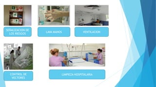 SEÑALIZACION DE
LOS RIESGOS
LAVA MANOS VENTILACION
CONTROL DE
VECTORES
LIMPIEZA HOSPITALARIA
 