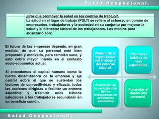 S a l u d O c u p a c i o n a l .
S a l u d O c u p a c i o n a l .
¿Por que promover la salud en los centros de trabajo?.
La salud en el lugar de trabajo (PSLT) se refiere al esfuerzo en común de
empresarios, trabajadores y la sociedad en su conjunto por mejorar la
salud y el bienestar laboral de los trabajadores. Los medios para
alcanzarlo son:
Mejora de la
organización
del trabajo y
del entorno
laboral.
Promover
hábitos de
vida
saludables.
Promoción de
la participación
de los
trabajadores en
actividades
saludables
Fomentar el
desarrollo
personal.
El futuro de las empresas depende, en gran
medida, de que su personal esté bien
preparado y motivado, pero también sano, y
esto cobra mayor interés en el contexto
socio-económico actual.
Si entendemos el capital humano como la
fuerza dinamizadora de la empresa y eje
central sobre el que se sustentan los
factores de competitividad y eficacia, todas
las acciones dirigidas a facilitar un entorno
saludable y trasmitir unos hábitos
saludables a los trabajadores redundarán en
un beneficio común.
 