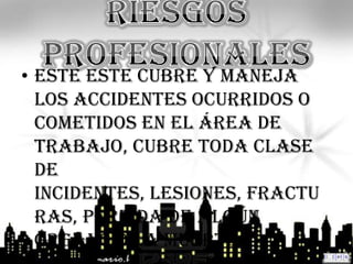 • Este este cubre y maneja
  los accidentes ocurridos o
  cometidos en el área de
  trabajo, cubre toda clase
  de
  incidentes, lesiones, fractu
  ras, perdida de algún
  órgano o la muerte
 