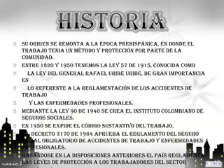 ᵹ Su origen se remonta a la época prehispánica, en donde el
  trabajo tenia un método y protección por parte de la
  comunidad.
ᵹ Entre 1820 y 1950 tenemos la Ley 57 de 1915, conocida como
ᵹ la Ley del General Rafael Uribe Uribe, de gran importancia
  en
ᵹ lo referente a la reglamentación de los Accidentes de
  Trabajo
ᵹ    y las Enfermedades Profesionales.
ᵹ Mediante la Ley 90 de 1946 se crea el Instituto Colombiano de
  Seguros Sociales.
ᵹ En 1950 se expide el Código Sustantivo del Trabajo.
ᵹ El Decreto 3170 de 1964 aprueba el Reglamento del Seguro
  Social obligatorio de accidentes de trabajo y enfermedades
  profesionales.
ᵹ Basándose en la disposiciones anteriores el país reglamenta
  las leyes de protección a los trabajadores del sector
 