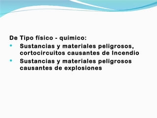 De Tipo físico - químico:
 Sustancias y materiales peligrosos,
   cortocircuitos causantes de Incendio
 Sustancias y materiales peligrosos
   causantes de explosiones
 