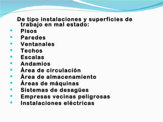 De tipo instalaciones y superficies de
     trabajo en mal estado:
    Pisos
    Paredes
    Ventanales
    Techos
    Escalas
    Andamios
    Área de circulación
    Área de almacenamiento
    Áreas de máquinas
    Sistemas de desagües
    Empresas vecinas peligrosas
    Instalaciones eléctricas
 