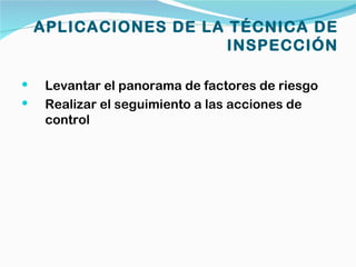 APLICACIONES DE LA TÉCNICA DE
                       INSPECCIÓN

    Levantar el panorama de factores de riesgo
    Realizar el seguimiento a las acciones de
     control
 