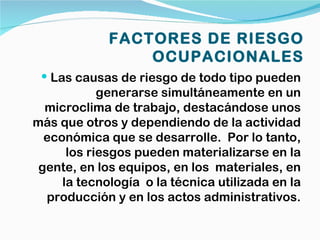 FACTORES DE RIESGO
                 OCUPACIONALES
  Las causas de riesgo de todo tipo pueden
            generarse simultáneamente en un
  microclima de trabajo, destacándose unos
más que otros y dependiendo de la actividad
  económica que se desarrolle. Por lo tanto,
      los riesgos pueden materializarse en la
 gente, en los equipos, en los materiales, en
     la tecnología o la técnica utilizada en la
  producción y en los actos administrativos.
 