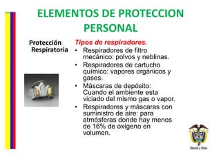 ELEMENTOS DE PROTECCION PERSONAL Protección Respiratoria Tipos de respiradores.   Respiradores de filtro mecánico: polvos y neblinas.  Respiradores de cartucho químico: vapores orgánicos y gases.  Máscaras de depósito: Cuando el ambiente esta viciado del mismo gas o vapor.  Respiradores y máscaras con suministro de aire: para atmósferas donde hay menos de 16% de oxígeno en volumen. 