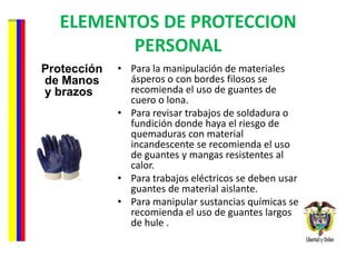 ELEMENTOS DE PROTECCION PERSONAL Protección de Manos y brazos  Para la manipulación de materiales ásperos o con bordes filosos se recomienda el uso de guantes de cuero o lona. Para revisar trabajos de soldadura o fundición donde haya el riesgo de quemaduras con material incandescente se recomienda el uso de guantes y mangas resistentes al calor. Para trabajos eléctricos se deben usar guantes de material aislante. Para manipular sustancias químicas se recomienda el uso de guantes largos de hule . 