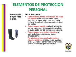 ELEMENTOS DE PROTECCION PERSONAL Protección de piernas y pies. Tipos de calzado.   Para trabajos donde haya riesgo de caída de objetos  contundentes tales como lingotes de metal, planchas, etc., debe dotarse de calzado de cuero con puntera de metal.  Para trabajos eléctricos  el calzado debe ser de cuero sin ninguna parte metálica, la suela debe ser de un material aislante.  Para trabajos en medios húmedos  se usarán botas de goma con suela antideslizante.  Para trabajos con metales fundidos o líquidos calientes  el calzado se ajustará al pie y al tobillo para evitar el ingreso de dichos materiales por las ranuras.  