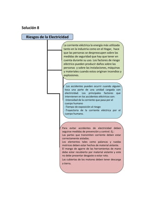 Solución 8

  Riesgos de la Electricidad
                         La corriente eléctrica la energía más utilizada
                         tanto en la industria como en el Hogar, hace
                         que las personas se despreocupen sobre las
                         medidas de seguridad que hay que tener en
                         cuenta durante su uso. Los factores de riesgo
                         eléctrico pueden producir daños sobre las
                         personas y sobre las instalaciones, máquinas
                         y materiales cuando estos originan incendios y
                         explosiones.


                           Los accidentes pueden ocurrir cuando alguien
                          toca una parte de una unidad cargada con
                          electricidad. Los principales factores que
                          intervienen en los accidentes eléctricos son:
                          -Intensidad de la corriente que pasa por el
                          cuerpo humano
                          -Tiempo de exposición al riesgo
                          -Trayectoria de la corriente eléctrica por el
                          cuerpo humano.




                        Para evitar accidentes de electricidad deben
                        seguirse medidas de prevención y control. Ej.:
                        Las partes que transmiten corriente deben estar
                        correctamente aisladas.
                        Los elementos tales como palancas y ruedas
                        motrices deben estar hechos de material aislante.
                        El mango de agarre de las herramientas de mano
                        debe estar recubierto por material aislante y este
                        no debe presentar desgaste o estar roto.
                        Las cubiertas de los motores deben tener descarga
                        a tierra.
 