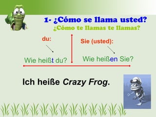 1- ¿Cómo se llama usted?
           ¿Cómo te llamas te llamas?
     du:           Sie (usted):


Wie heißt du?      Wie heißen Sie?


Ich heiße Crazy Frog.
 