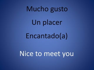 Mucho gusto 
Un placer 
Encantado(a) 
Nice to meet you 
 