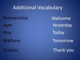 Additional Vocabulary 
Bienvenidos 
Ayer 
Hoy 
Mañana 
Gracias 
Welcome 
Yesterday 
Today 
Tomorrow 
Thank you 
 