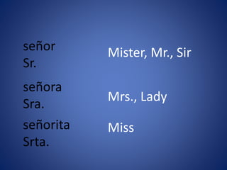señor 
Sr. 
señora 
Sra. 
señorita 
Srta. 
Mister, Mr., Sir 
Mrs., Lady 
Miss 
 