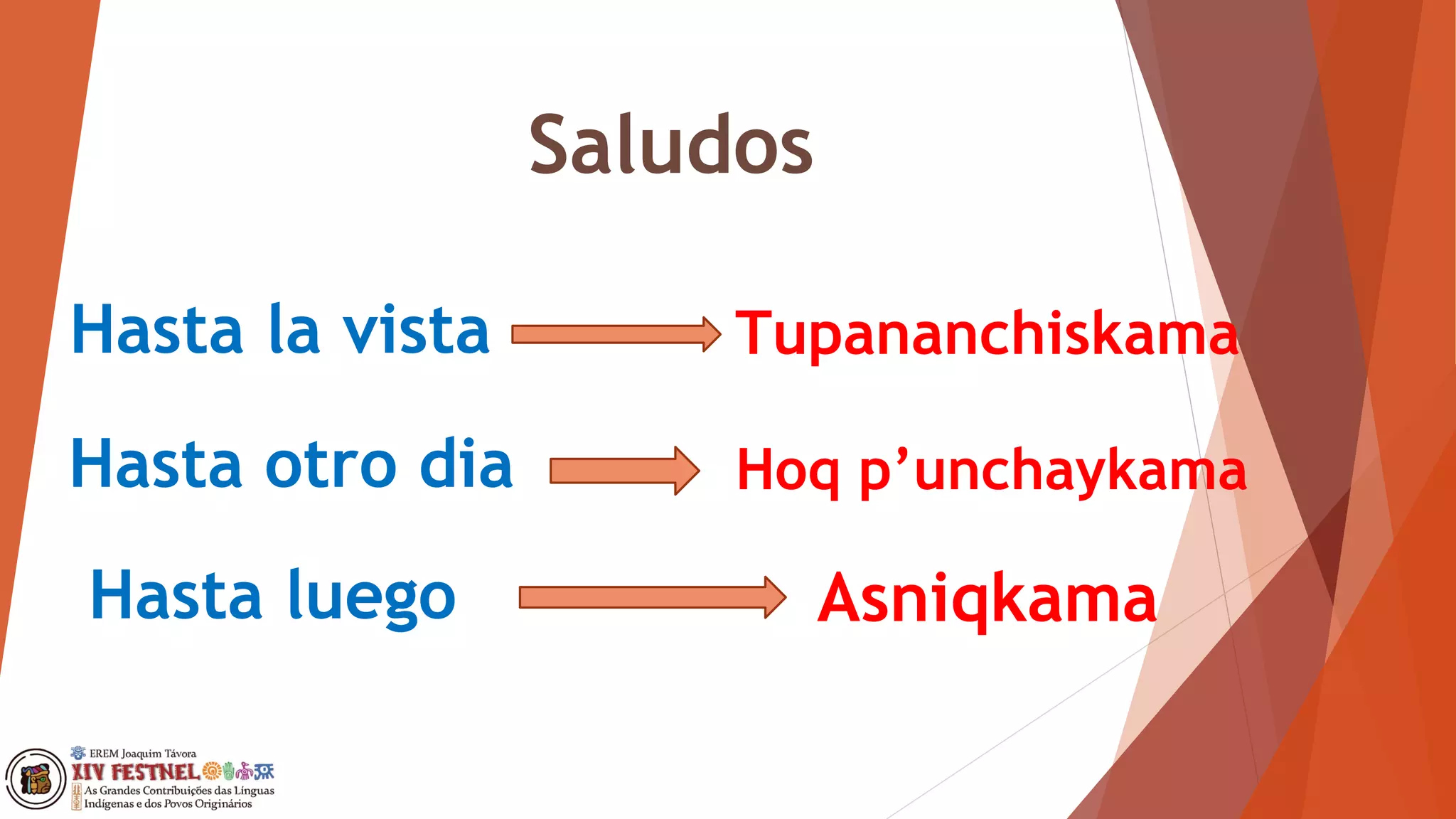 Hasta la vista
Saludos
Tupananchiskama
Hasta otro dia Hoq p’unchaykama
Hasta luego Asniqkama