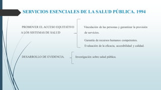 SERVICIOS ESENCIALES DE LA SALUD PÚBLICA. 1994
PROMOVER ELACCESO EQUITATIVO Vinculación de las personas y garantizar la provisión
A LOS SISTEMAS DE SALUD de servicios.
Garantía de recursos humanos competentes.
Evaluación de la eficacia, accesibilidad y calidad.
DESARROLLO DE EVIDENCIA. Investigación sobre salud pública.
 