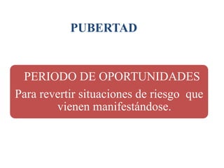 PUBERTAD
PERIODO DE OPORTUNIDADES
Para revertir situaciones de riesgo que
vienen manifestándose.
 