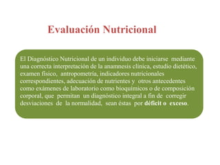 Evaluación Nutricional
El Diagnóstico Nutricional de un individuo debe iniciarse mediante
una correcta interpretación de la anamnesis clínica, estudio dietético,
examen físico, antropometría, indicadores nutricionales
correspondientes, adecuación de nutrientes y otros antecedentes
como exámenes de laboratorio como bioquímicos o de composición
corporal, que permitan un diagnóstico integral a fin de corregir
desviaciones de la normalidad, sean éstas por déficit o exceso.
 