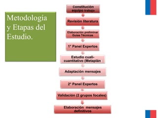 Constitución
equipo trabajo
Revisión literatura
Elaboración preliminar
Guías Técnicas
1° Panel Expertos
Estudio cuali-
cuantitativo (Metaplán)
Adaptación mensajes
2° Panel Expertos
Validación (2 grupos focales)
Elaboración mensajes
definitivos
Metodología
y Etapas del
Estudio.
 