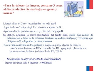 Lácteos altos en Ca se recomiendan en toda edad.
A partir de los 2 años elegir los con menor aporte de G.
Aportan además proteínas de avb. y vitas del complejo B.
Su déficit, deteriora la micro-arquitectura del tejido óseo, causa más común de
deformación y dolor de la columna, fracturas de cadera, muñecas y vértebras, que
obligan a AM a depender de otras personas
Su elevado contenido en Ca, potasio y magnesio puede afectar de manera
beneficiosa a factores de RCV como la PA, RI, agregación plaquetaria o
proceso aterosclerótico. (Álvarez León EE, 2005).
Su consumo es inferior al 40% de lo recomendado
Efectos adversos solo x ingestas >4000mg/d
“Para fortalecer tus huesos, consume 3 veces
al día productos lácteos bajos en grasa y
azúcar.”
 