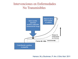 Intervenciones en Enfermedades
No Transmisibles
Intervención
oportuna
produce reducción
sustancial del riesgo
Impacto de la
intervención
en adultos
Contribución genética
es pequeña
Curso de vida
Riesgo de
Enfermedad
es Crónicas
Hanson, M y Gluckman, P. Am J Clinc Nutr. 2011
 