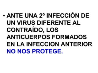 • ANTE UNA 2º INFECCIÓN DE
  UN VIRUS DIFERENTE AL
  CONTRAÍDO, LOS
  ANTICUERPOS FORMADOS
  EN LA INFECCION ANTERIOR
  NO NOS PROTEGE.
 